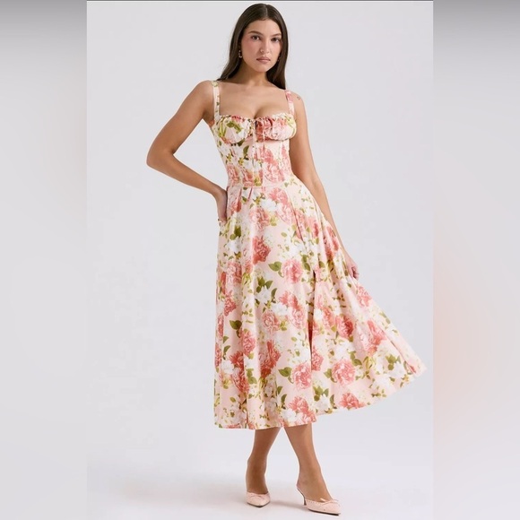 HOUSE OF CB 'Carmen' Pink Peony Print Cotton Bustier Sundress - Picture 1 of 4